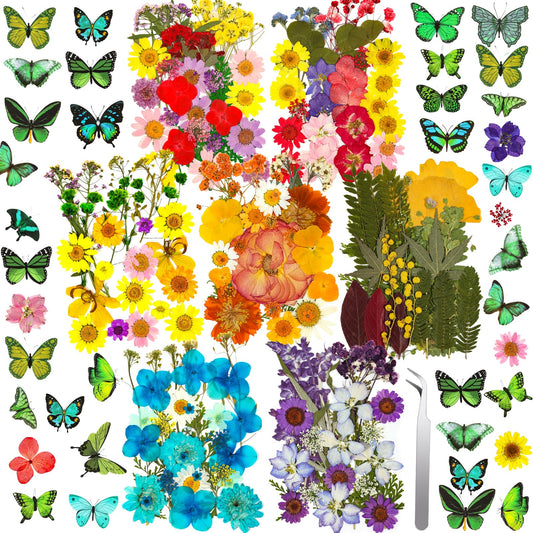 231 PCS Pressed Flowers Bulk for Resin Crafts, Dried Pressed Flowers Butterfly Stickers with Tweezers Real Natural Dry Wildflowers for Resin Molds DIY Art Candle Phone Cases Bookmark Jewelry Making