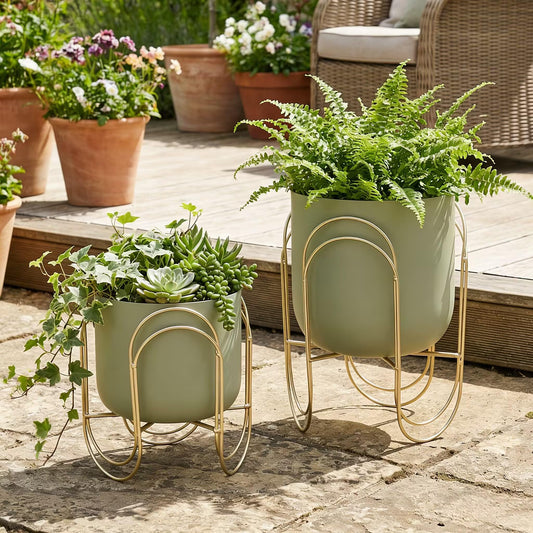 JHY DESIGN Set of 2 Planters with Stand Indoor Outdoor Metal Plant Stand 11.5/8" H Modern Planters Flower Pots for Living Room Corner Kitchen Office Garden Balcony Patio Decor(Green)