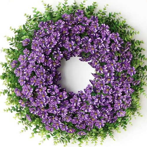 26" Eucalyptus Wreath by [Brand Name] - Faux Starry Sky Morning Glory Flowers for Spring & Summer Decor | Purple