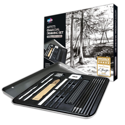 Zieler Artists Charcoal Drawing Set | 24-piece Gift Tin Set | The Ideal Starter Set