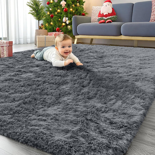 OLANLY 5x5 Area Rug - Soft, Fluffy Shaggy Design for Living Room & Bedroom | Machine Washable Grey Carpet