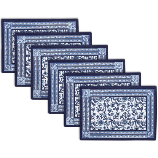 Encasa XO Dining Table Mats Set of 6 | Indigo-02 Block Printed Cotton Canvas Placemat - 18x13 in | Jaipur Sanganeri Hand Print