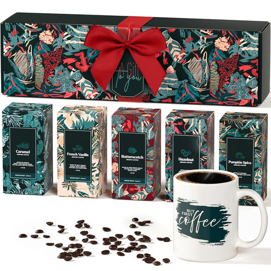 Regine Switzerland Coffee Gift Set - 5 Gourmet Ground Coffee Flavors with Mug - Perfect Unique Christmas Gift