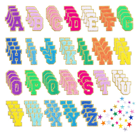 132 Pcs Varsity Letter Patches Kit - 104 Self Adhesive Chenille Letters & 28 Iron On Stars, No-Sew Fabric Patches for Clothes, Jackets, Backpacks, Hats, DIY Crafts (2.17", Multi-Color)