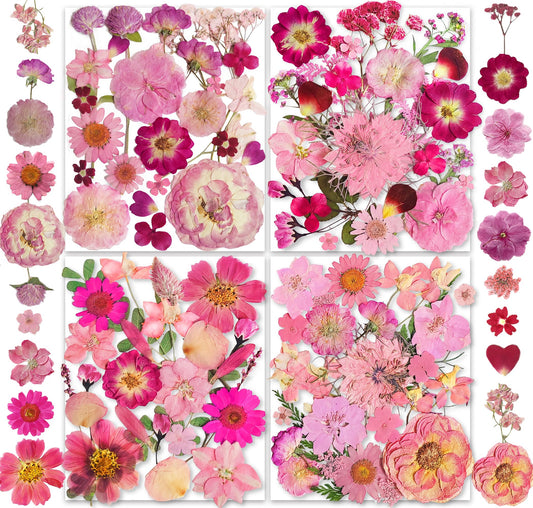 148PCS Pink Dried Pressed Flowers with Butterfly Stickers - YouthBro Real Nature Flowers Craft Set for Resin Jewelry Candle Soap Vase Making Nail Card Scrapbook Art Floral Decors