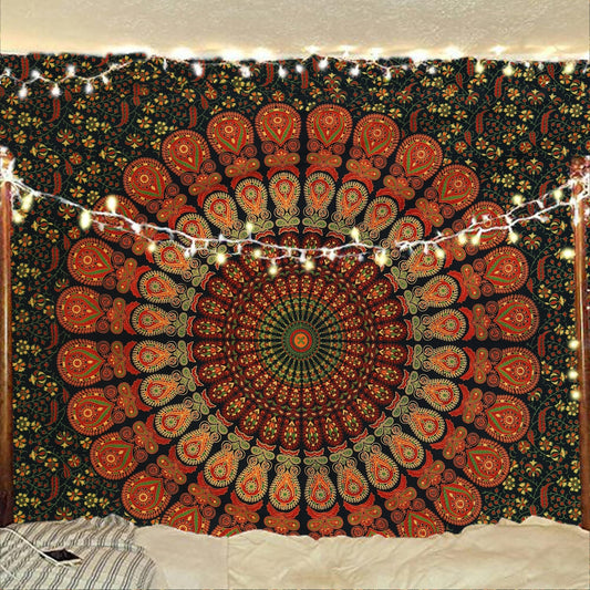 Bless International Handmade Indian hippie Bohemian Psychedelic Peacock Mandala Wall hanging College Dorm Beach Throws Table Cloth Bedding Tapestry (Golden Green, Medium(54x60Inches)(137x152cms))