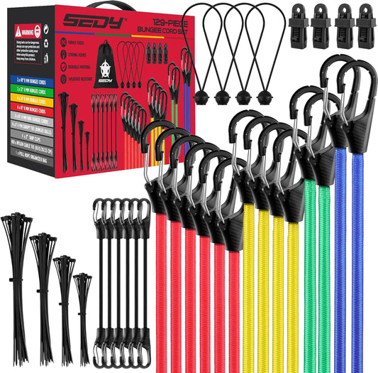 Bungee Buddy Heavy Duty Bungee Cords - 129 PCS Set with Hooks, Clips, and Storage Bag | 18"-40" Lengths