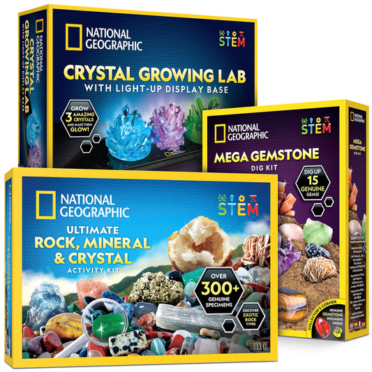 National Geographic Geology Bundle – Including Rock Collection Box for Kids, Crystal Growing Kit, and Gemstone Dig Kit, Real Gemstones and Crystals, Science Kit for Boys and Girls (Amazon Exclusive)