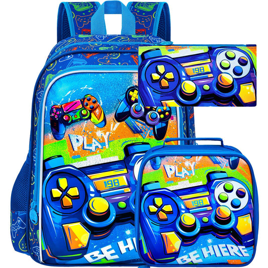 ZLYERT 16" Gamer Backpack for Boy, 3Pcs Gaming Kids Bookbag for Elementary Preschool Kindergarten, School Backpacks with Lunch Box(Blue)