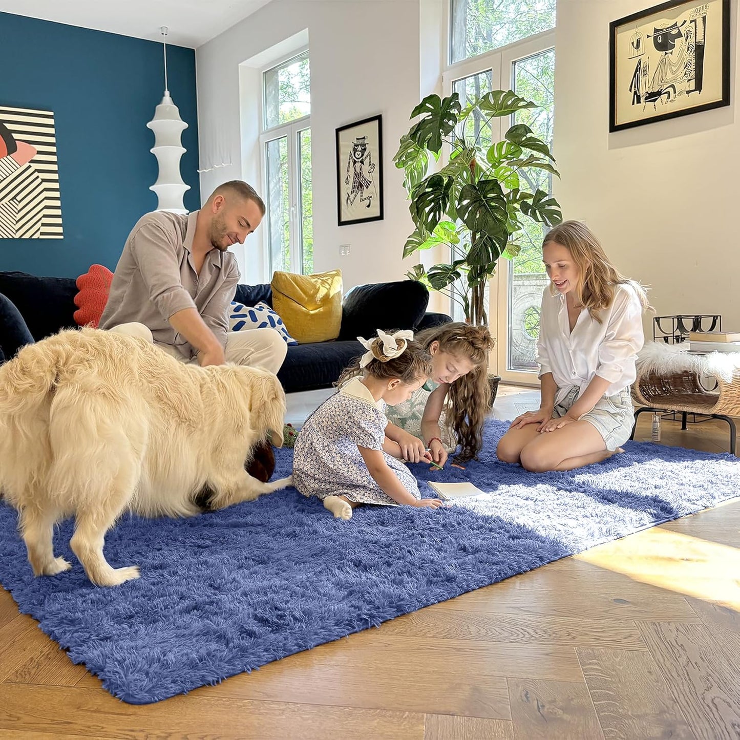 OLANLY Area Rugs - Soft Fluffy Shaggy Indoor Carpet for Living Room & Bedroom | 4x5.9 ft Denim Blue