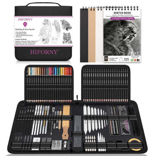 HIFORNY 126 PCS Drawing Kit Sketching Pencil Set,Sketch Pencils Art Supplies with 3-Color Sketchbook,Graphite,Charcoal,Blending Tools,Drawing Pencils for Adults Artists in Zipper Case
