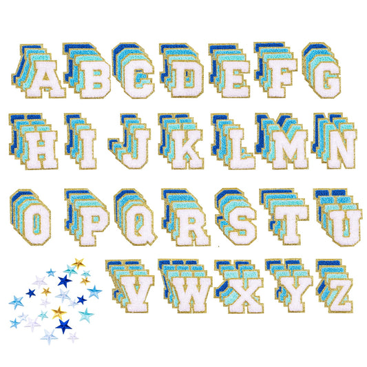 104 Pcs Self Adhesive Chenille Letters & 24 Iron On Stars Kit – Blue Ombre Varsity Letter Patches for Clothes, Backpacks, Hats, DIY Crafts (2.17", Navy/Sky/Light Blue/White)