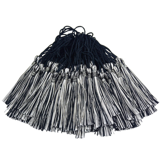 100pcs 13cm/5 Inch Silky Floss Bookmark Tassels with 2-Inch Cord Loop and Small Chinese Knot for Jewelry Making, Souvenir, Bookmarks, DIY Craft Accessory (Black&Silver)