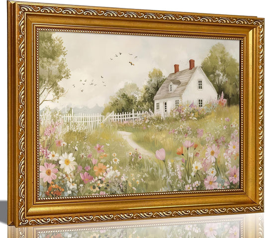 Regine Switzerland Vintage Gold Framed 3D Texture Wall Art - Cottagecore Wildflower Landscape Print for Home Decor