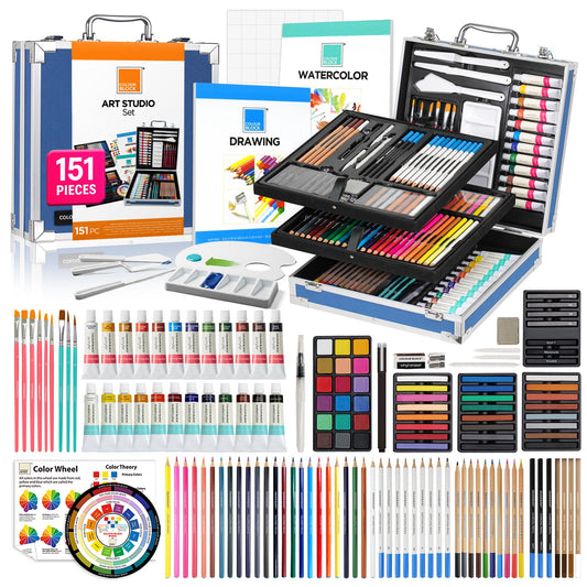 COLOUR BLOCK 151-Piece Professional Art Supply Set with Mixed Media, Paint Kit & Brushes in Aluminum Case, Complete Art Supplies for Adults, All Level Artists, Travel Art Set