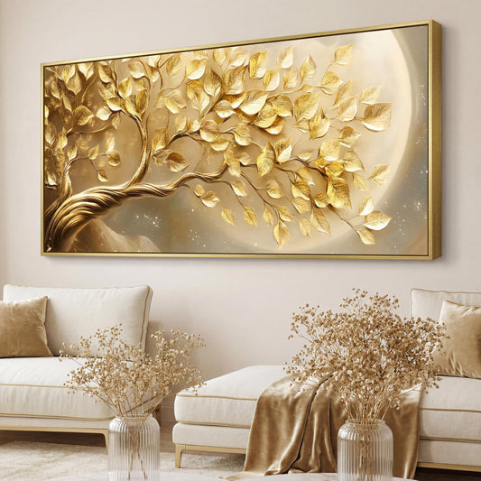 BirdSuite Gold Framed Golden Leaf Money Tree Wall Art, Luxury 3D Effect Canvas Print, Ready to Hang Wall Decor for Living Room Bedroom Office Dining Room Entryway, 48x24 Inch