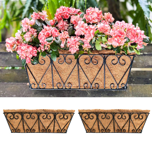 LaLaGreen Wall Planters - 2 Pack, 16 Inch Window Flower Boxes Outdoor, Deck Railing Hanging Metal Wire Basket Black with Coco Liners Horse Troughs Fence Balcony Garden Farmhouse Patio Porch Over Rail