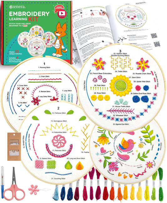 Azenera Beginner Embroidery Kit (4 Pack) Learn 33 Stitches with Easy DIY Video Tutorials, Coloured Design Patterns, Thread Floss, Cross Stitch Hoop, Gift (AZA100)