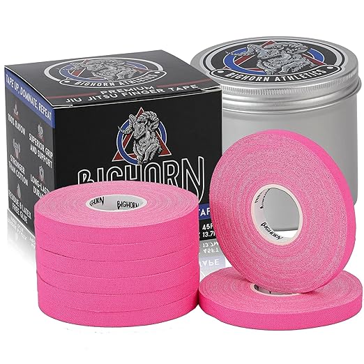 Bighorn Athletics Pro Series Jiu-Jitsu Finger Tape, 8-Rolls with Tin Holder, Enhanced Strength, Residue-Free (0.3-Inch, Pink)