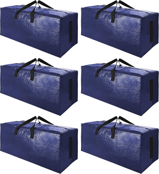 Sweet Dolphin Extra Large Moving Bags - Heavy Duty Storage Tote with Strong Zippers & Handles | Navy Blue, 6 Pack
