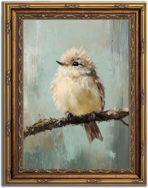 Gold Framed Bird Canvas Wall Art - Vintage Beige Sparrow Painting for Home Decor | Perfect for Bedroom & Living Room