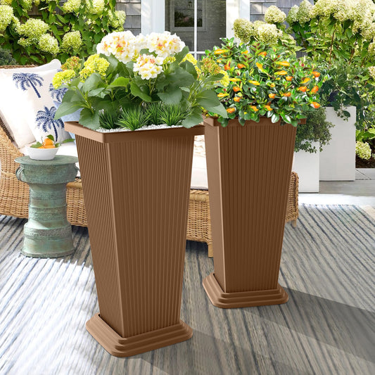 TUYOHW Set of 2 Tall Planters, 24" Large Indoor Outdoor Flower Pots with Tray, Modern Tapered Planters for Porch, Patio, Garden, Backyard