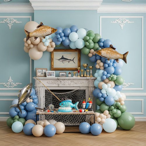 Gone Fishing Balloon Garland Arch Kit - Blue Green White FishermanTheme Birthday Balloons with Giant Fish Foil Balloons - O-Fish-ally One, Under the Sea Baby Shower, Retirement Party Decorations