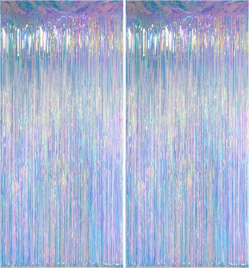 Iridescent Clear Tinsel Curtain Backdrop - 3.28 x 8ft Rainbow Foil Fringe | Shimmer Party Decor, 2 Pack