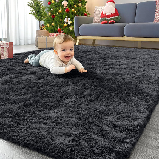 OLANLY Area Rug - Soft Fluffy Shaggy Design for Living Room & Bedroom | Machine Washable, Black 4x8