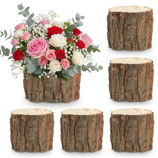 Housoutil Wooden Vase for Centerpieces, 6 Pack Wood Flower Vase Rustic Tree Stump Planter Pots, Wooden Bark Flower Bucket for Wedding, Farmhouse Christmas Table Decor, Round Bark Stump Pots