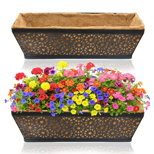 XXFBJNMD 2 Pack 24 Inch Window Boxes Planters with Coco Coir Liner Metal Hanging Flower Planter Window Basket Deck Railing Planter Boxes for Outdoor Indoor Lawn