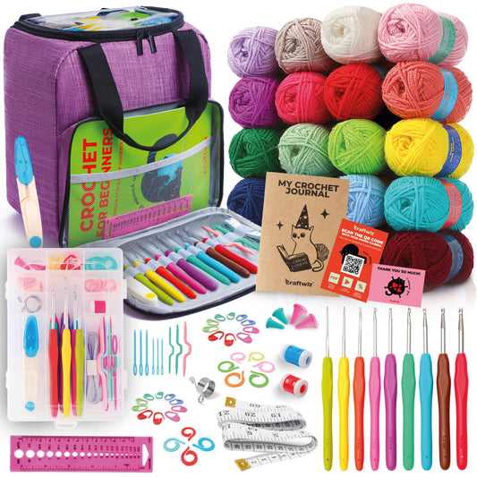 Craftwiz Learn to Crochet Kit for Beginners Adults – Complete Beginner Set with 20 Yarn Skeins, 9 Hooks, Organizer Bag & Book – Perfect Crochet Starter Kit for Adults & Teens