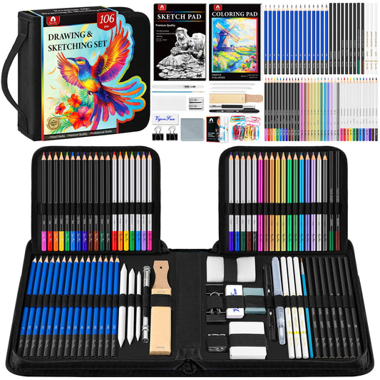 106 PCS Art Supplies Sketching Kit, Pro Drawing Pencils with 3-Color Sketchbook, Coloring Book, Colored Graphite Charcoal Watercolor & Metallic Pencils, Drawing Supplies Gifts for Artists Adults