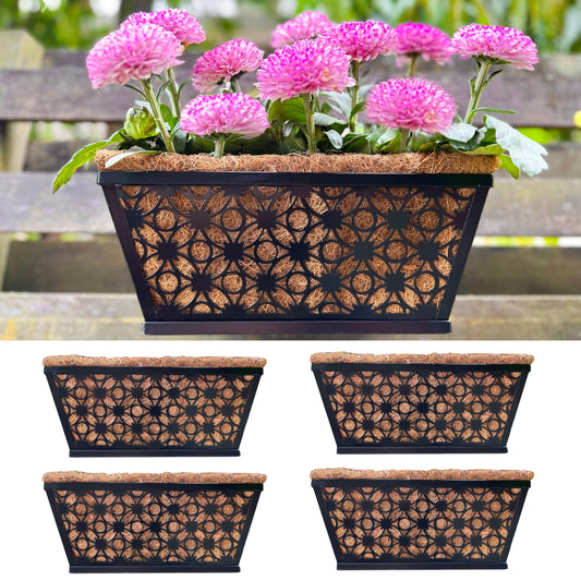 LaLaGreen Window Box Planter for Outdoor Plants (4 Pack, 12 Inch) Black Metal Small and Cute Rectangular Flower Pot Wall Planters with Coco Liner Horse Trough Railing Deck Balcony Fence Patio Decor