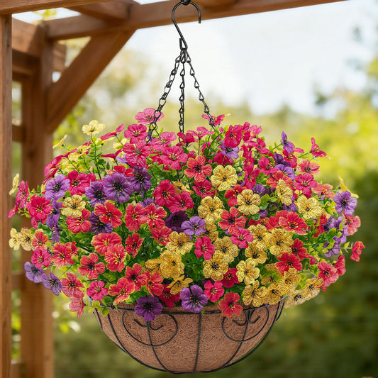Artificial Faux Hanging Flowers Plants Basket for Outdoors Outside Spring Summer Decoration,Hanging Planters with Silk Fake Flowers Realistic UV Resistant Balcony Porch Garden Patio Home(4 Multicolor)