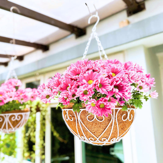 LaLaGreen Hanging Baskets for Plants (4 Pack, 14 Inch) Hanging Flower Pots with Coco Liner, White Metal Wire Round Basket Plant Holder with Hanger Hook Chain Outdoor Deck Patio Balcony Garden Decor