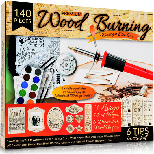 Scissor-Tailed Beginners Wood Burning Kit 140 Pieces. Best Gift Idea for Art & Craft Kit Lovers. Woodburning DIY Hobby Kits with 9 Large Wooden Plaques to Make Unique Wood Burning Projects