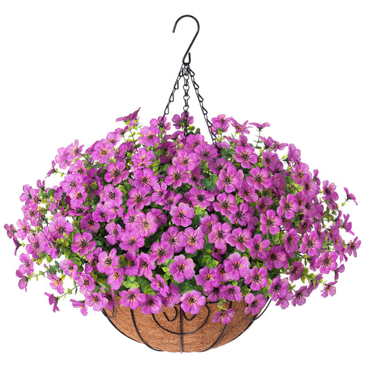 HyeFlora Artificial Fake Hanging Plants Flowers Basket for Outdoor Outside Porch Spring Decoration, Faux Silk Purple Daisy Realistic UV Resistant in Planter for Home Patio Balcony Garden Yard