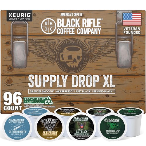 Black Rifle Coffee Company Supply Drop Variety Pack (96 Count of K Cups) - Silencer Smooth (Light), AK-47 (Medium), Just Black (Medium) & BeyondBlack (Dark Roast) - K Cups Coffee Variety Pack