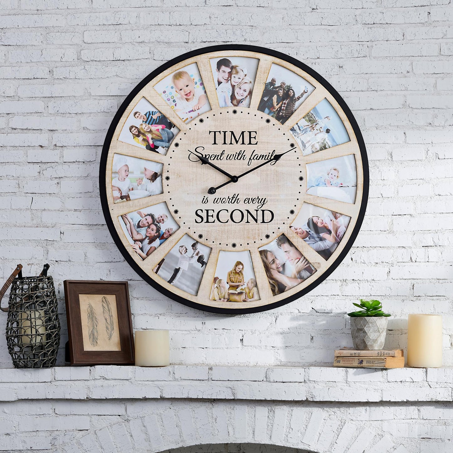 JUMBO HUMBLE 12 Photo Collage Rustic Wood Farmhouse Wall Clock, Large Family Picture Wall Clock for Living Room, Home, Kitchen, Silent Battery Powered 24 Inch Natural