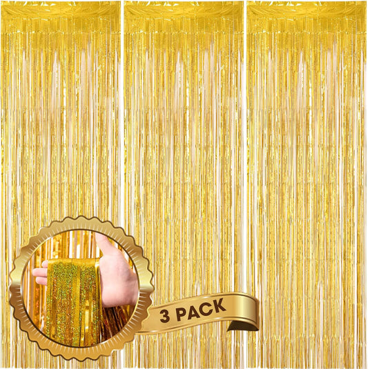 Voircoloria Laser Gold Foil Fringe Backdrop Curtains - 3 Pack Tinsel Streamers for Parties & Events | 3.3 x 8.2 ft