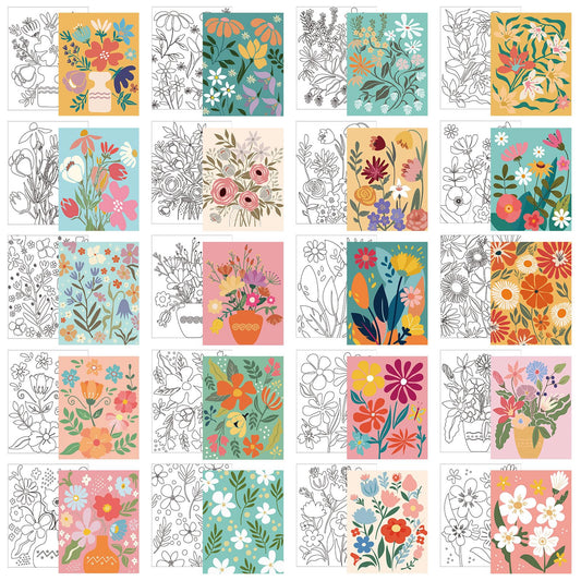 Sherr 20 Pcs Stretched Pre Drawn Canvas Afro Queen Black Art for Painting for Adults Outline Pre Drawn Stretched Cotton Canvas to Paint Party Set, 8 x 10''(Floral)