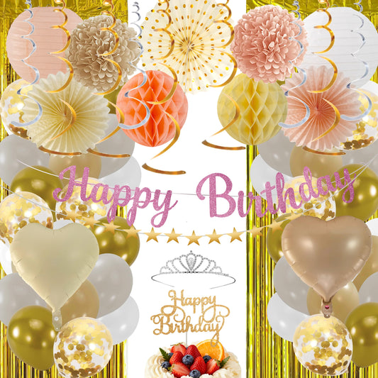 Birthday Decorations for Women Girl with Happy Birthday Sign, Banner Garland Swirls Paper Pompoms,Balloons,Fringe Curtain Suitable decor for 18th 20th 30th 40th 60th Party Supplies(Champagne Gold)
