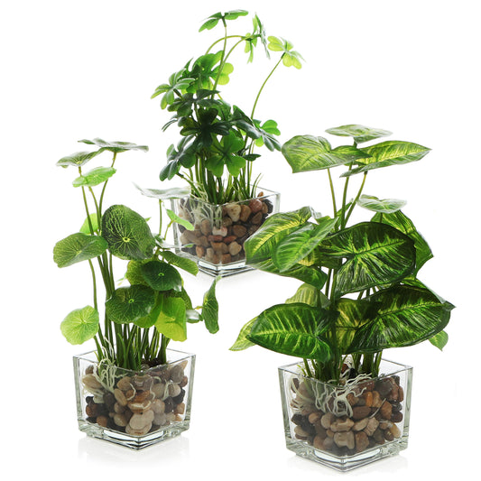MyGift Artificial Green Grass Plants in Vintage Black Wood 4 Inch Planter Boxes, Faux Greenery in Decorative Square Crate Style Wooden Containers, Set of 3