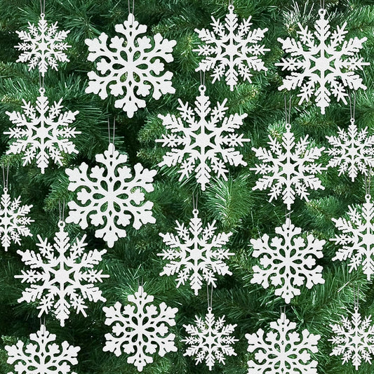 Skiennix 24PCS Snowflake Ornaments - Glittering White Plastic Tree Decorations for Winter Wonderland Decor