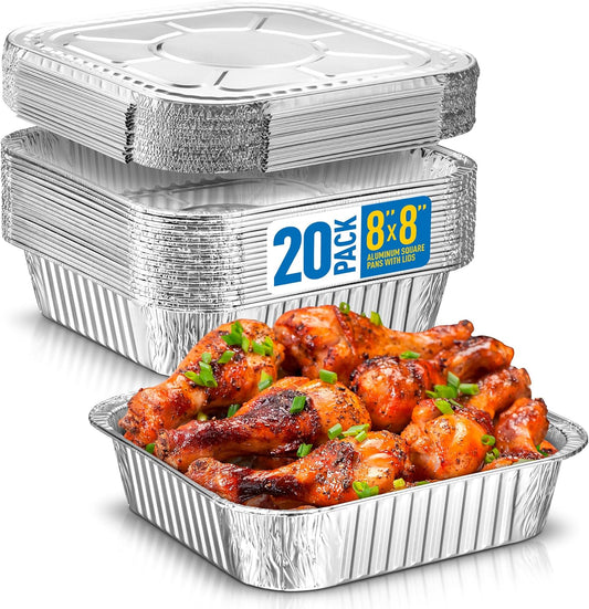 Aluminum Pans 8x8 - 20 Pack Disposable Foil Pans With Lids for Cooking, Baking & Roasting