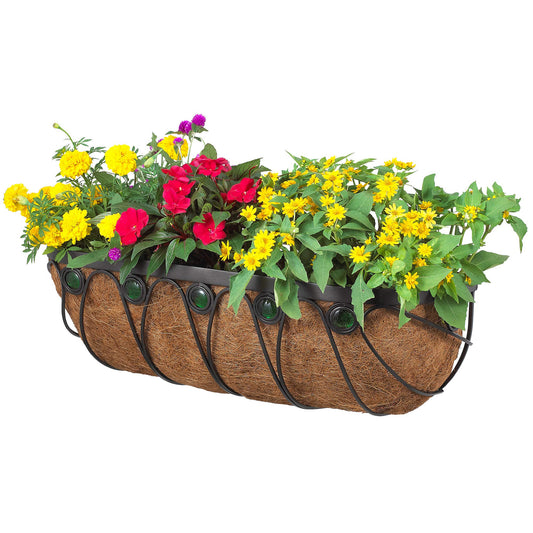 Arcadia Garden Products Hanging Window Basket Metal Trough Flower Planter with Coco Liner for Outdoor Windowsill, Railing, Patio, Garden, Balcony, Fence, 24-inch