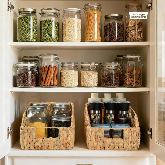2-Pack Wicker Basket Set - Water Hyacinth Pantry Organizers and Storage w/Handles, For Home, Bedroom, Kitchen, & More - 100% Earth Friendly Woven Rattan, Simple Open Shape Decorative Baskets