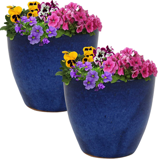 Sunnydaze Resort Round Ceramic Planter - Set of 2 Indoor or Outdoor Plant Pots with Drainage Hole - 8" - Imperial Blue Glaze