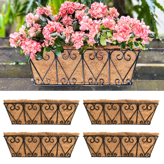 LaLaGreen Wal Planters - 4 Pack, 16 Inch Deck Railing Hanging Basket, Window Flower Boxes Outdoor Black Metal Plant Pot Holder Coco Liner Fence Planter Balcony Garden Patio Porch Farmhouse Boho Decor